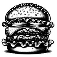 negro y blanco ilustración de un sabroso A la parrilla hamburguesa con queso vector