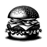 negro y blanco ilustración de un sabroso A la parrilla hamburguesa con queso vector