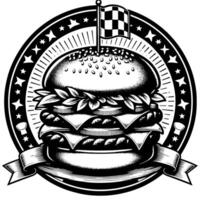 negro y blanco ilustración de un sabroso A la parrilla hamburguesa con queso vector