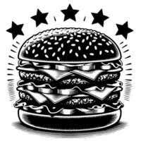 negro y blanco ilustración de un sabroso A la parrilla hamburguesa con queso vector