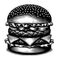 negro y blanco ilustración de un sabroso A la parrilla hamburguesa con queso vector