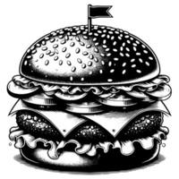 negro y blanco ilustración de un sabroso A la parrilla hamburguesa con queso vector