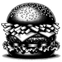 negro y blanco ilustración de un sabroso A la parrilla hamburguesa con queso vector