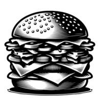 negro y blanco ilustración de un sabroso A la parrilla hamburguesa con queso vector