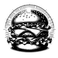 negro y blanco ilustración de un sabroso A la parrilla hamburguesa con queso vector