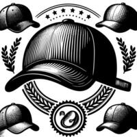 Black and white illustration of a single baseball cap vector