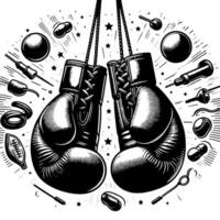 Black and white illustration of suspended Boxing Gloves vector