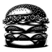 negro y blanco ilustración de un sabroso A la parrilla hamburguesa con queso vector