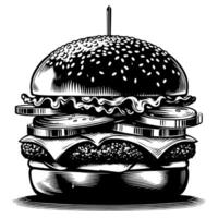 negro y blanco ilustración de un sabroso A la parrilla hamburguesa con queso vector