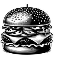 negro y blanco ilustración de un sabroso A la parrilla hamburguesa con queso vector