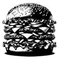 negro y blanco ilustración de un sabroso A la parrilla hamburguesa con queso vector