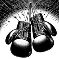 Black and white illustration of suspended Boxing Gloves vector