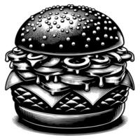 negro y blanco ilustración de un sabroso A la parrilla hamburguesa con queso vector