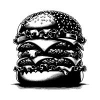 negro y blanco ilustración de un sabroso A la parrilla hamburguesa con queso vector