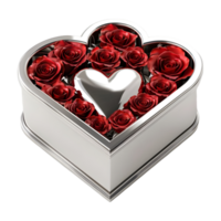 3d representación de un corazón en un caja lleno de flores en transparente antecedentes png