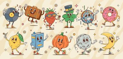 Groovy retro cartoon characters hippie 60s 70s art vector