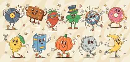 Groovy retro cartoon characters hippie 60s 70s art vector