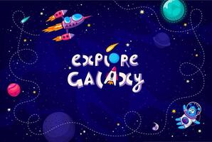 Cartoon galaxy space background with rocket path vector