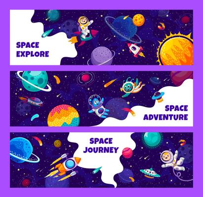 Space explore banners with alien and kid astronaut