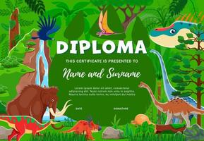 Dinosaurs in tropical jungle, kids diploma vector