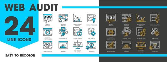 Web audit and SEO analysis line icons vector