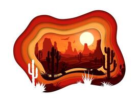 Mexican desert landscape mountains in paper cut vector