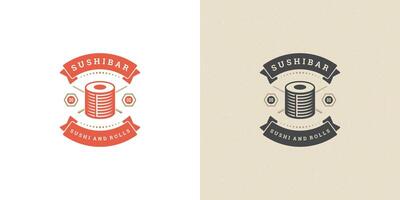 Sushi logo and badge japanese food restaurant with sushi salmon roll asian kitchen silhouette illustration vector