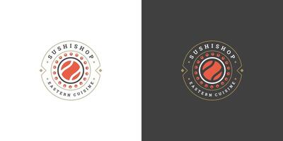 Sushi logo and badge japanese food restaurant with sushi salmon roll asian kitchen silhouette illustration vector