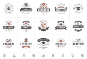 Grill and barbecue logos set illustration steak house or restaurant menu badges with bbq food silhouettes vector