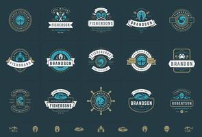 Mariscos logos o señales conjunto ilustración pescado mercado y restaurante emblemas plantillas diseño vector
