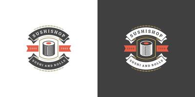 Sushi logo and badge japanese food restaurant with sushi salmon roll asian kitchen silhouette illustration vector