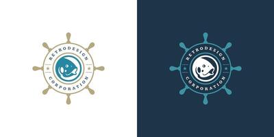 Seafood logo or sign illustration fish market and restaurant emblem template design fish with helm silhouette vector