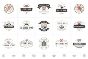 Sushi restaurant logos and badges set japanese food with sushi salmon rolls silhouettes illustration vector