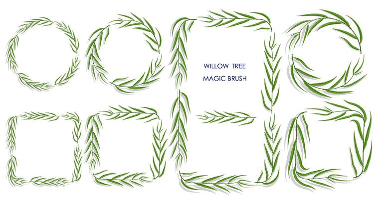 willow tree brush with green leaves. Realistic brush for decorating frames, invitation cards.