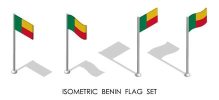 isométrica bandera de república de benin en estático posición y en movimiento en asta de bandera. 3d vector