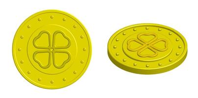 isométrica oro moneda mascota con cuatro hoja trébol. amuleto para atrayendo bueno suerte. 3d vector