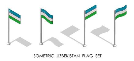 isométrica bandera de Uzbekistán en estático posición y en movimiento en asta de bandera. 3d vector