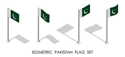 isométrica bandera de islámico república de Pakistán en estático posición y en movimiento en asta de bandera. 3d vector