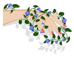 graceful female hand of fairy holds blooming liana. Green plant with blue flowers weaves along girl hand. Care and love for nature. vector