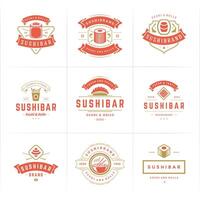 Sushi restaurant logos and badges set japanese food with sushi salmon rolls silhouettes illustration vector