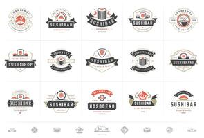 Sushi restaurant logos and badges set japanese food with sushi salmon rolls silhouettes illustration vector