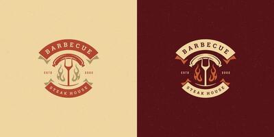 Barbecue logo illustration grill steak house or bbq restaurant menu emblem fork with sausage silhouette vector