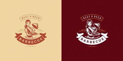 parilla logo ilustración parrilla filete casa o barbacoa restaurante menú emblema camarera con plato silueta vector