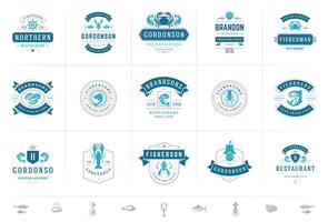 Seafood logos or signs set illustration fish market and restaurant emblems templates design vector