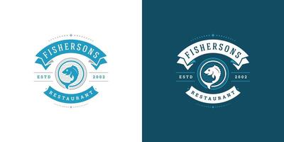 Seafood logo or sign illustration fish market and restaurant emblem template design fish with helm silhouette vector