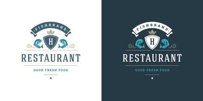 Seafood logo or sign illustration fish market and restaurant emblem template design fish silhouette vector