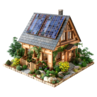 3d renderen van een houten huis met groen gazon Aan transparant achtergrond png