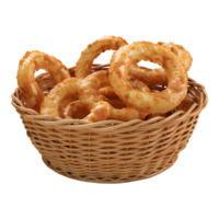 3d representación de un frito cebollas anillos en un cesta en transparente png