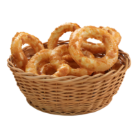 3d interpretazione di un' fritte cipolle anelli nel un' cestino su trasparente png