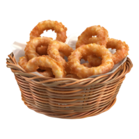 3d representación de un frito cebollas anillos en un cesta en transparente png